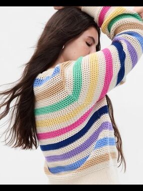Gap Cotton Striped Multicolored Crochet Sweater - Cream Base Size S